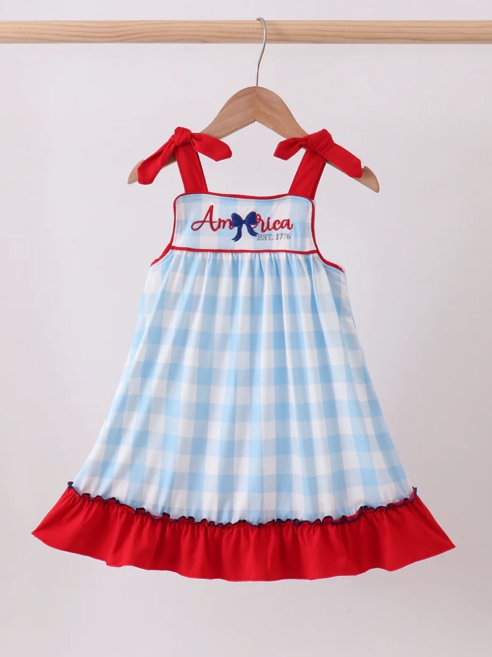 NWT Girls Blue Gingham Ruffle Sundress Red Trim “America" Embroidered Size 5 6